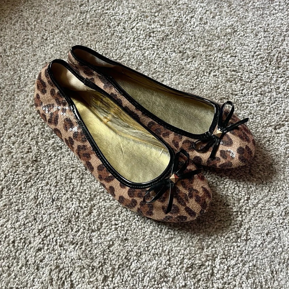 Bongo Leopard Print Ballet Sequin Flats Black Bow Detail Size 9 - Picture 1 of 5